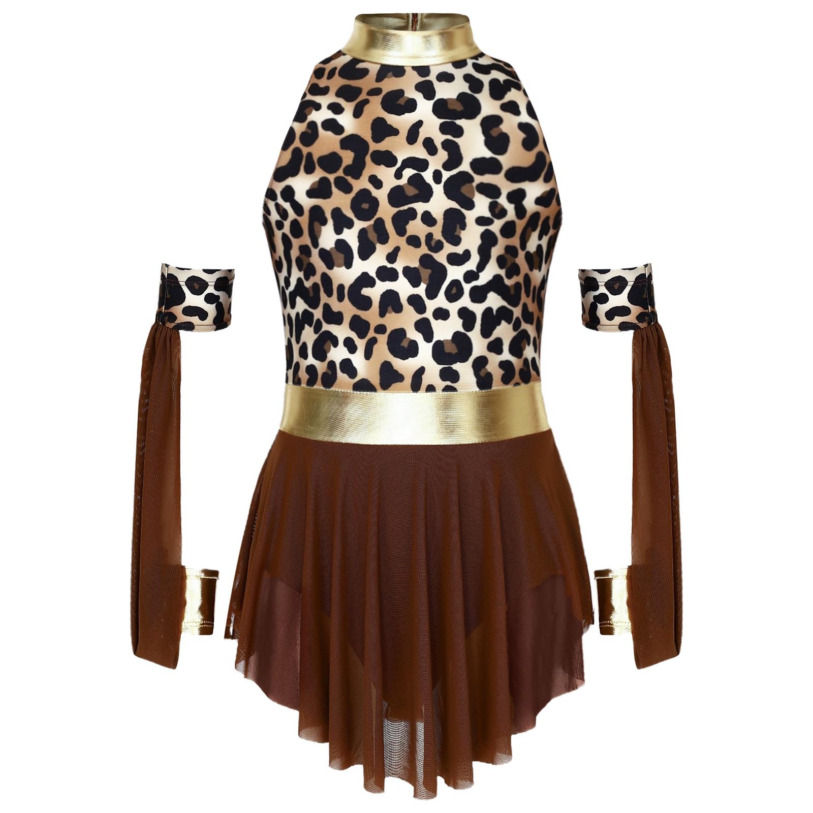 

Костюм у доісторичному стилі для дівчинки, леопардовий принт, печворк, металізований блиск, сукня-сітка з коміром-стійкою, на рукавах-оверсайз, вбрання печерної дівчини 7-8 Years коричневий