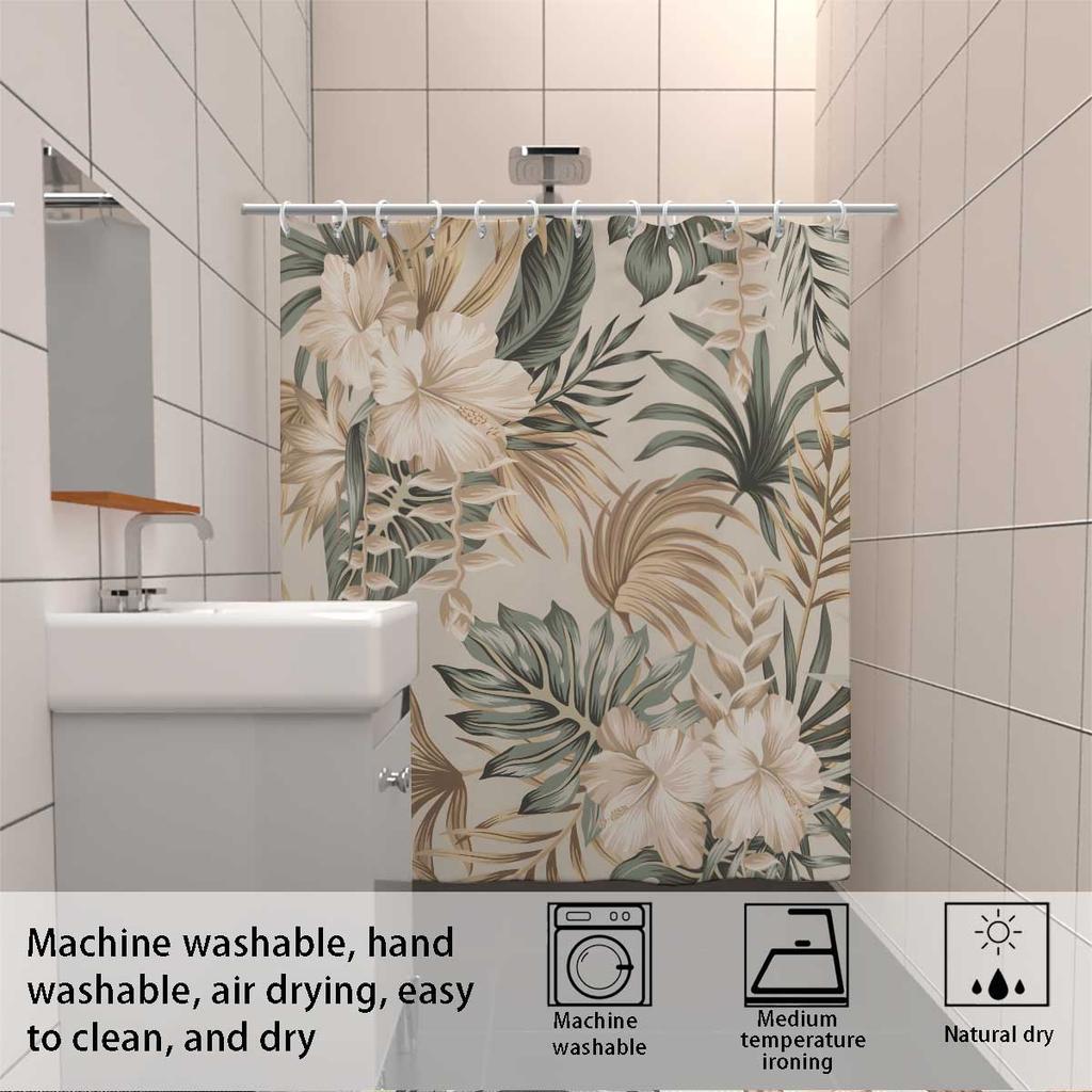 1pc Monstera Deliciosa Floral Print Shower Curtain, with 12 Hooks, Machine Washable, for Shower Partition and Privacy Protection