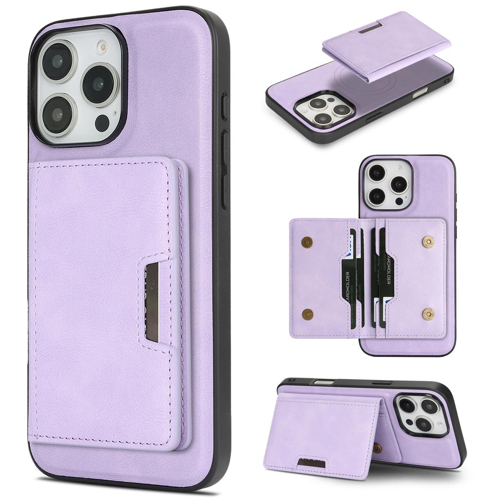 For iPhone 15 Pro Kickstand Case Bi-fold Card Bag PU Leather Coated TPU Cover Compatible with MagSafe