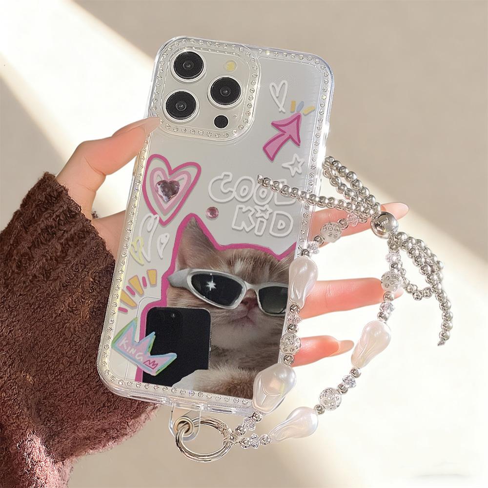 

Чехол для телефона с цепочкой-браслетом для iPhone 17 16 15 13 14 для 17Air 17 12 14 16 Pro 17 14 16 Pro Max Сверкающий бриллиант Милый узор Твердый чехол со шнурком iPhone 17 Pro серебряный