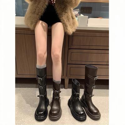 Rindsleder~ Grape Mom gleiche Gürtelschnalle Ritterstiefel Damen Leder runde Spitze dicke Sohle vielseitige Stiefel mittelhoher Schaft Martin-Stiefel