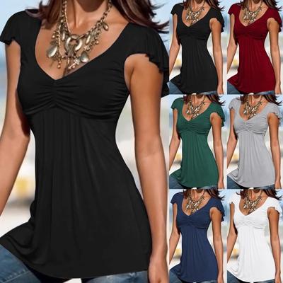 Moda feminina cor sólida babados cintura wrap fino pullover manga curta camiseta top