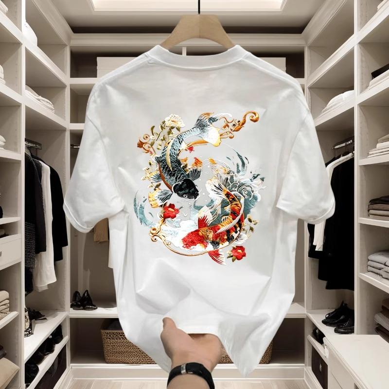 Short Sleeve T-Shirt Boys Koi Printing Heavy Guochao Chinese Style Loose Casual Crew Neck Bottom Shirt