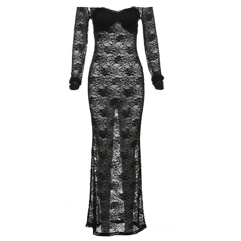 

European and American Style 2024 Summer New Sexy Hot Girl One-Line Neckline Lace Crochet See-Through Slim Fit Bodycon Dress for Women Black L