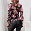 2026 Spring/Summer New Women's Rose Floral Print Round Neck Mesh Slim Fit Long Sleeve Top