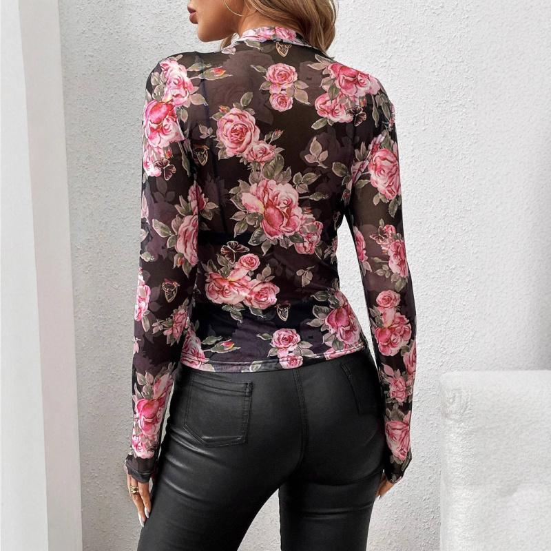 2026 Spring/Summer New Women's Rose Floral Print Round Neck Mesh Slim Fit Long Sleeve Top