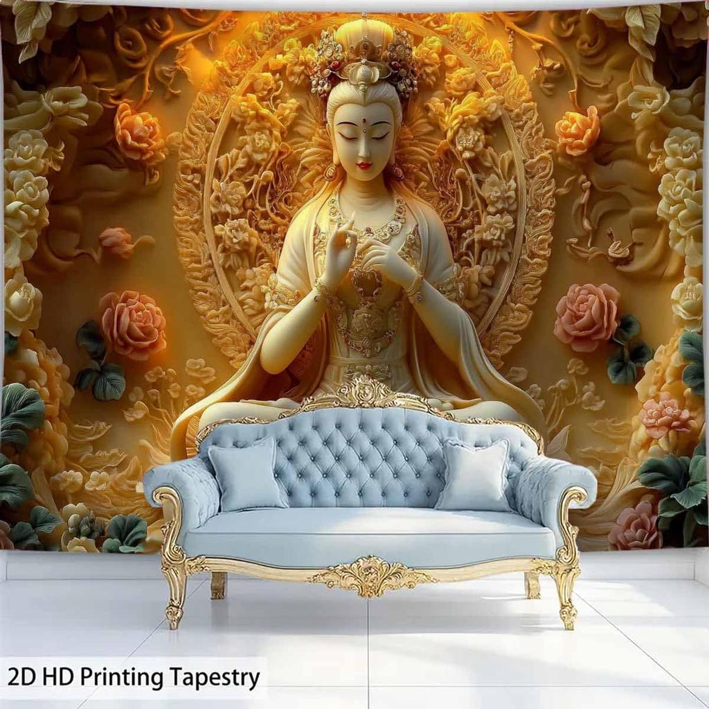 Golden Buddha Goddess Wall Tapestry With Floral Carving And Peaceful Design Art Decor For Zen Bedroom Meditation Space