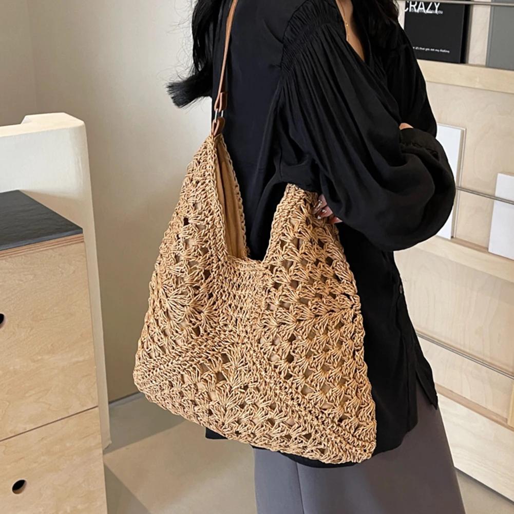 2025 Summer Straw Knitting Bag Hollow Out Tote Bag Solid Beach Shoulder Bag Holiday Travel Handbag Boho Shoulder Purse for Women