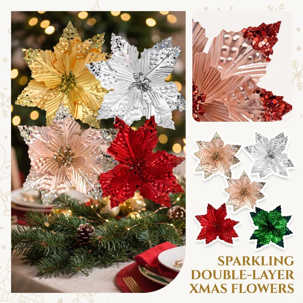 Artificial Christmas Flowers with Glitter for Tree Decoration and DIY Arrangements