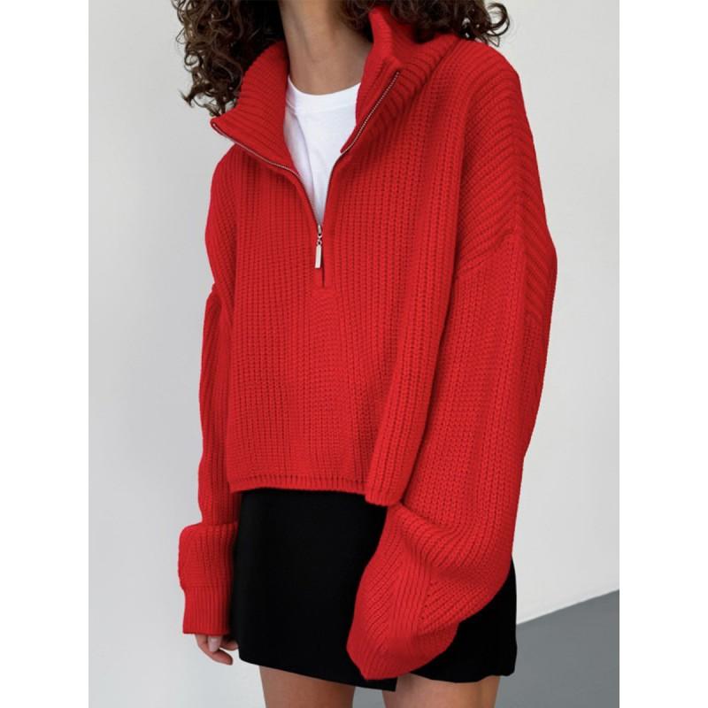 2026 Fall Winter Womens Loose Knit Cardigan Sweater With Zipper Collar Short Length Casual Style