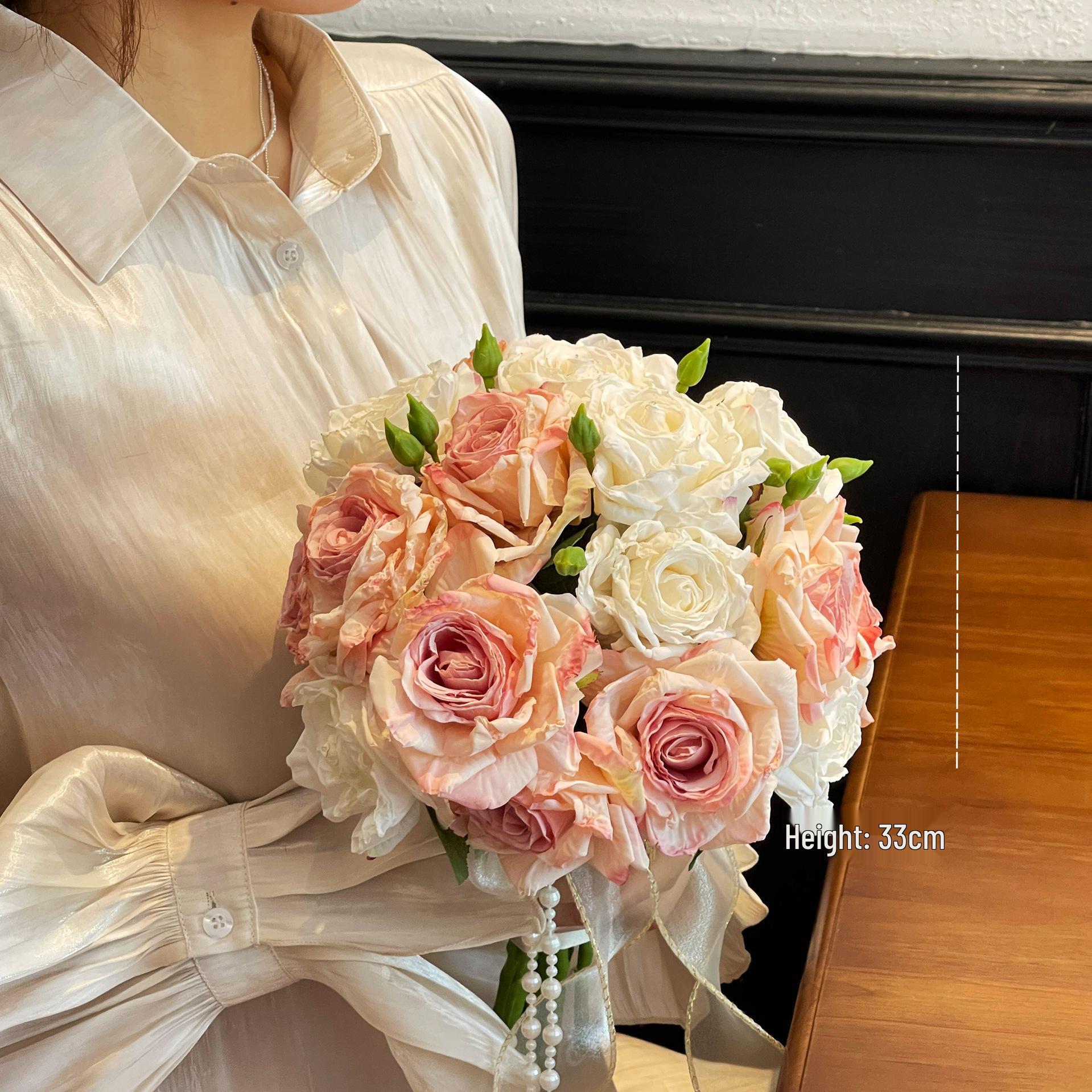 Retro Morandi Rose Bridal Artificial Bouquet for Photography Props and Weddings
