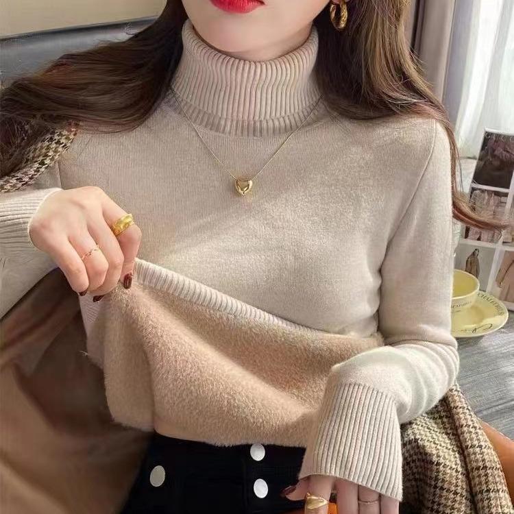 

Женский свитер с высоким воротом, утолщенный внутренний слой, цельный бархатный пуловер с добавлением бархата, повседневный вязаный свитер сверху на осень и зиму XL хаки