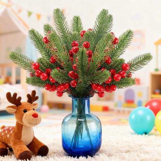 Vánoční borové větvičky s červenými bobulemi Umělé zelené stonky na strom Květinová aranžmá Domov Kancelář Sváteční středová dekorace
