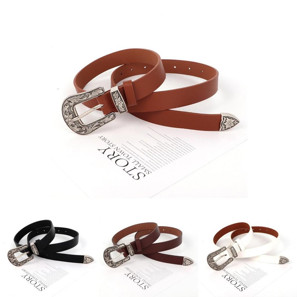 Pu Waistband Leather With Metal Pin Buckle And Carving Design Womens For