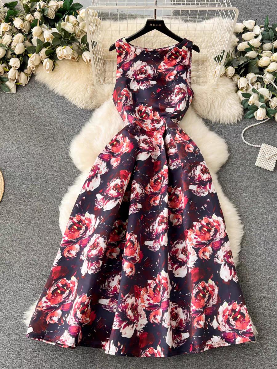 

Женское платье-майка с цветочным принтом, элегантное модное летнее платье трапециевидной формы с круглым вырезом без рукавов и высокой талией, вечернее платье-майка для взлетно-посадочной полосы XXL