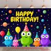 2D Enchanted Alien Party Tapestry, Cartoon Space Aliens & Starry Sky Birthday Backdrop