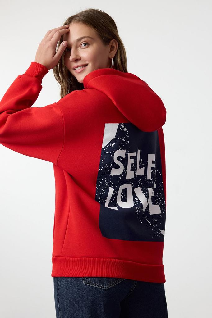 Women's Fashionable Stylish Sweatshirt Stone Back Print Detailed Oversize Wide Fit Thick Inside Fleece Knitted Sweatshirt