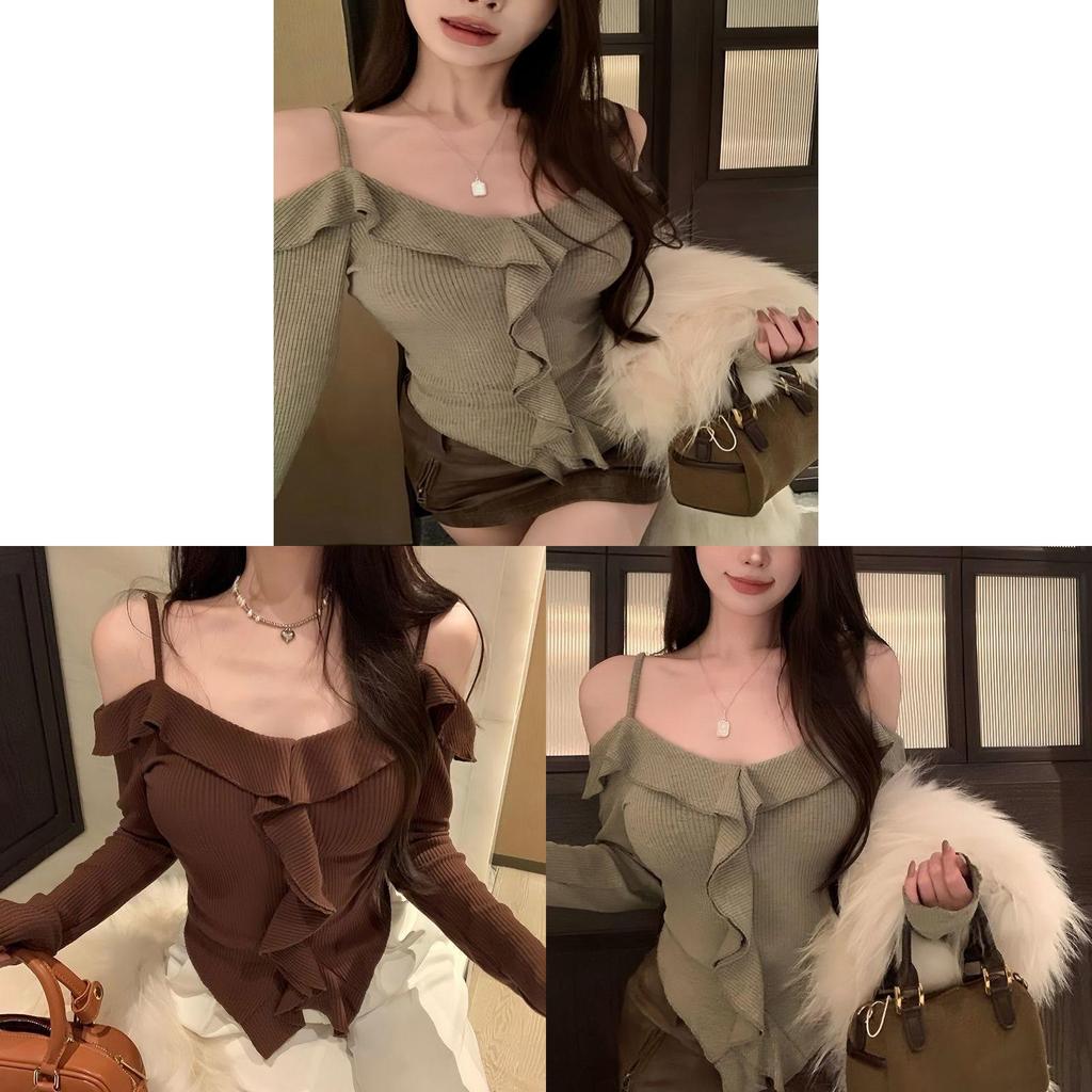 Lily Lace Off Shoulder Sweater With Ruffle Hem For Spring Casual Wear