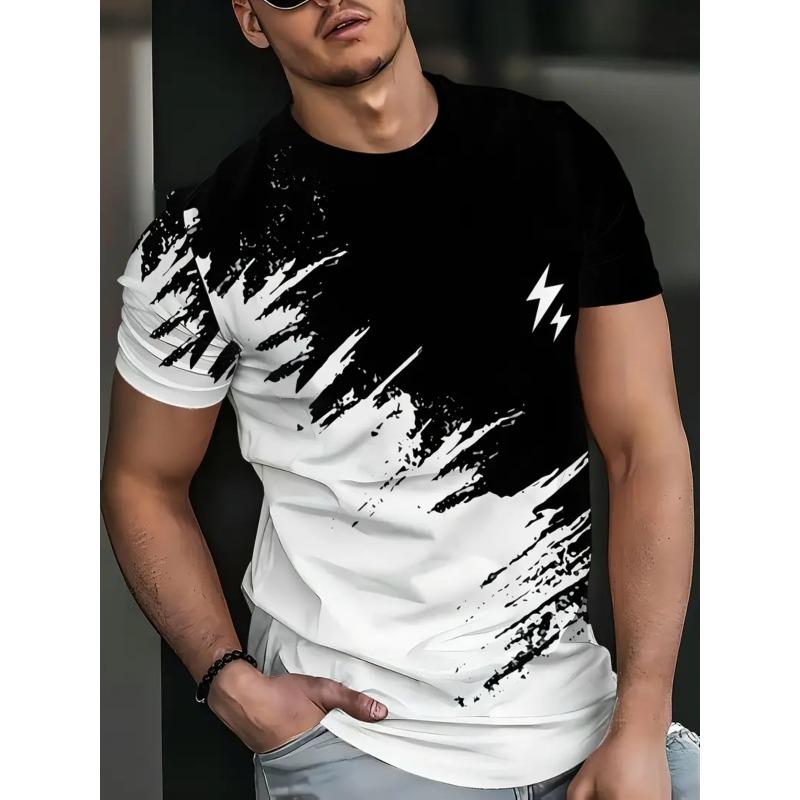 Men's Summer Fashionable Comfortable Plus Size Lightning Printed T-shirt- Soft Medium Stretch Polyester Fabric Summer Mens Relaxed Fit Clothing