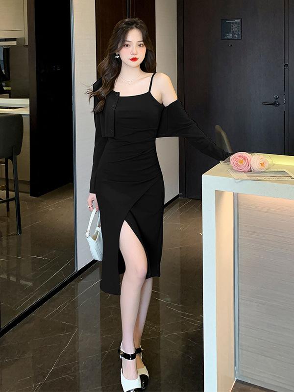 Spring Pure Desire Dress & Cardigan Set - Spaghetti Strap Slit Skirt + Long Sleeve Top