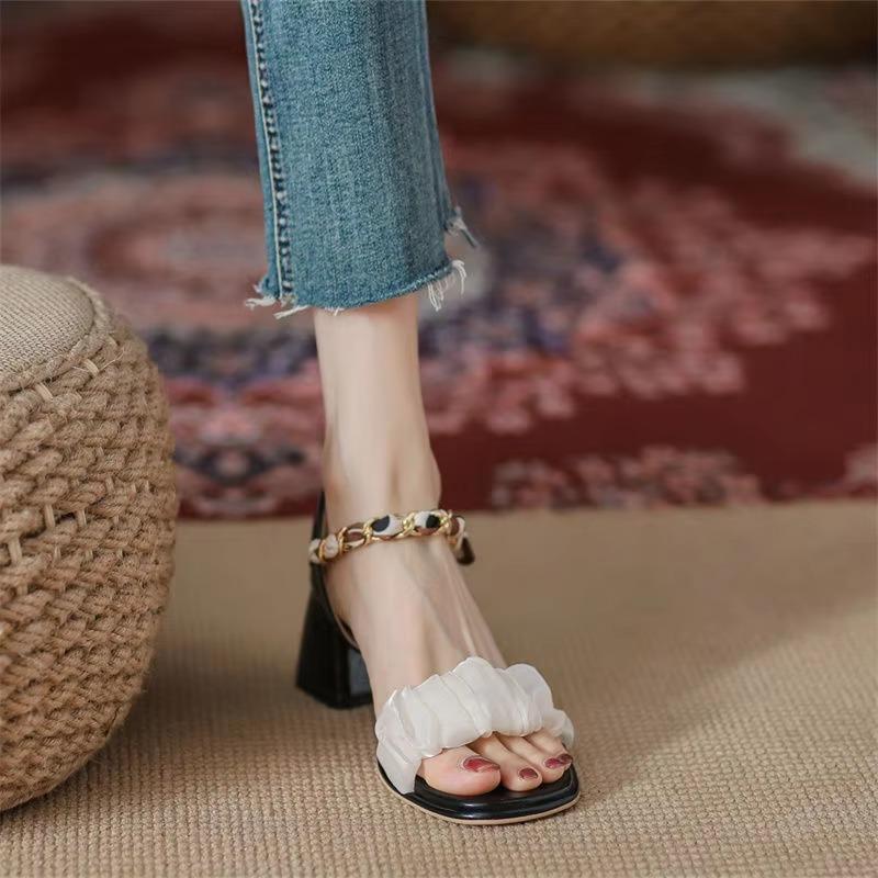 Fashion High Heeled Slippers Women’s Summer Versatile Thick-Heeled Medium-Heeled Fashion Women's High Heeled Shoes Sandals Women Shoes
