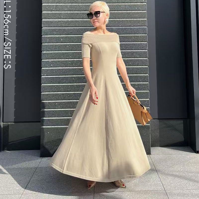 

Summer New Foreign Trade Orders Exported to Japan Women clothes Double Purpose Collar Ice Silk Short sleeve Knitted dress Umbrella Skirt Long dress Apricot color L: Bust size 80-90