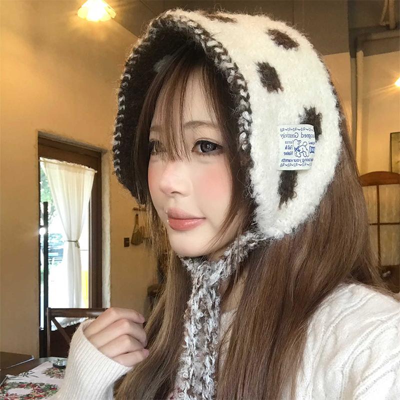 Cute Polka Dot Lace Up Small Scarf Women Winter New Versatile Multifunctional Warm Ear Protection Bag Headscarf Earmuffs Korean