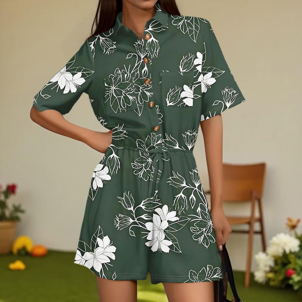 Damenmode V-Ausschnitt Jumpsuit Karomuster Lässig Kurzarm Top Jumpsuit