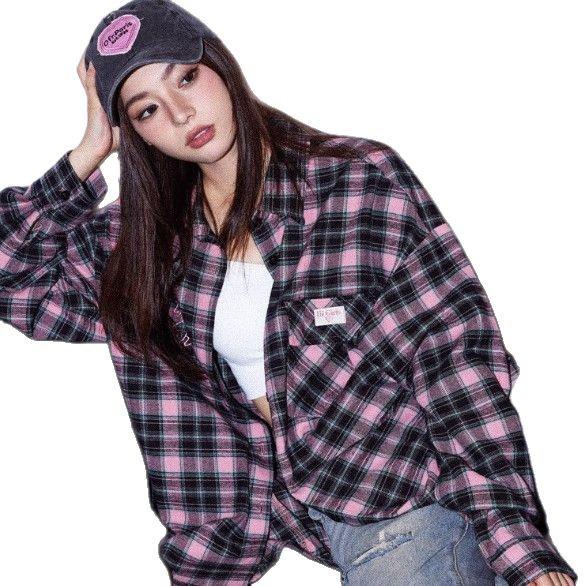 Women's Retro Pink Plaid Long-Sleeve Shirt - Trendy Autumn/Winter Design