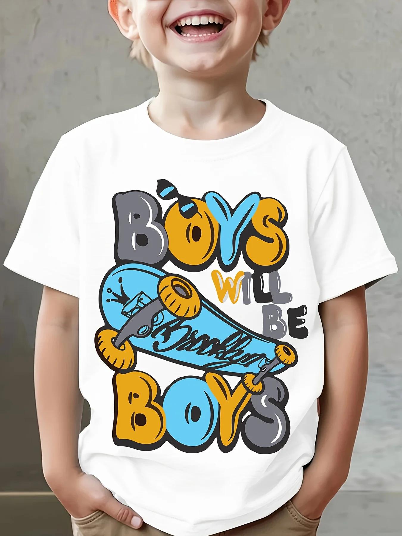 Kids Tshirt BOYS WILL BE BOYS Skateboard Print Summer Boys Pure Cotton Round Neck Shortsleeved Trendy Top Childrens Clothes 100