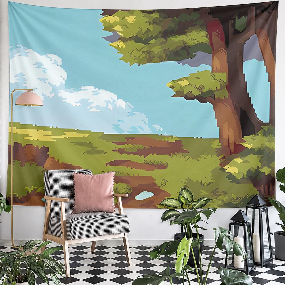 Pixelated Scenic Landscape with Trees Pattern Wall Hanging Tapestry Decorative Tapestry Home Decor for Bedroom and Living Room