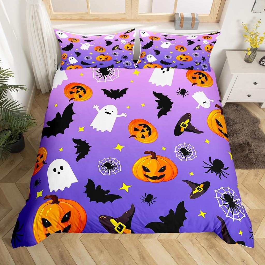 Cute Ghost Duvet Cover Halloween Theme Yellow Bedding Set Pumpkin Lantern Floral Ghosts Comforter Cover Polyester Quilt Cover