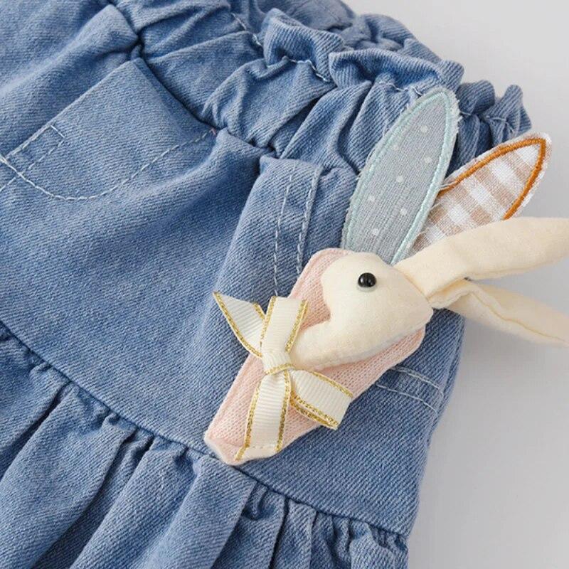 Girls Fake Two Skirts Pants Spring Autumn Children Casual Leggings Baby Kids Rabbit Cartoon Denim Skirt With Knitted Trousers