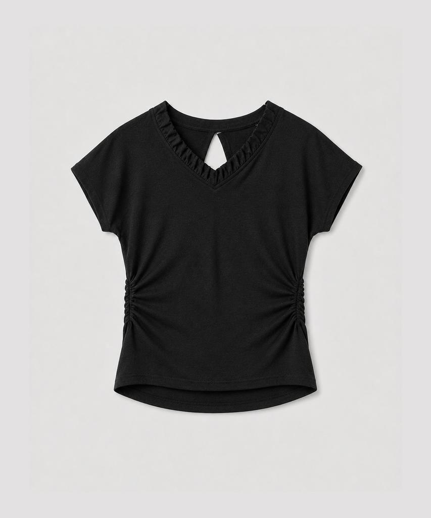 Keulleiseu Shirred V-Neck Short Sleeve T-Shirt_White