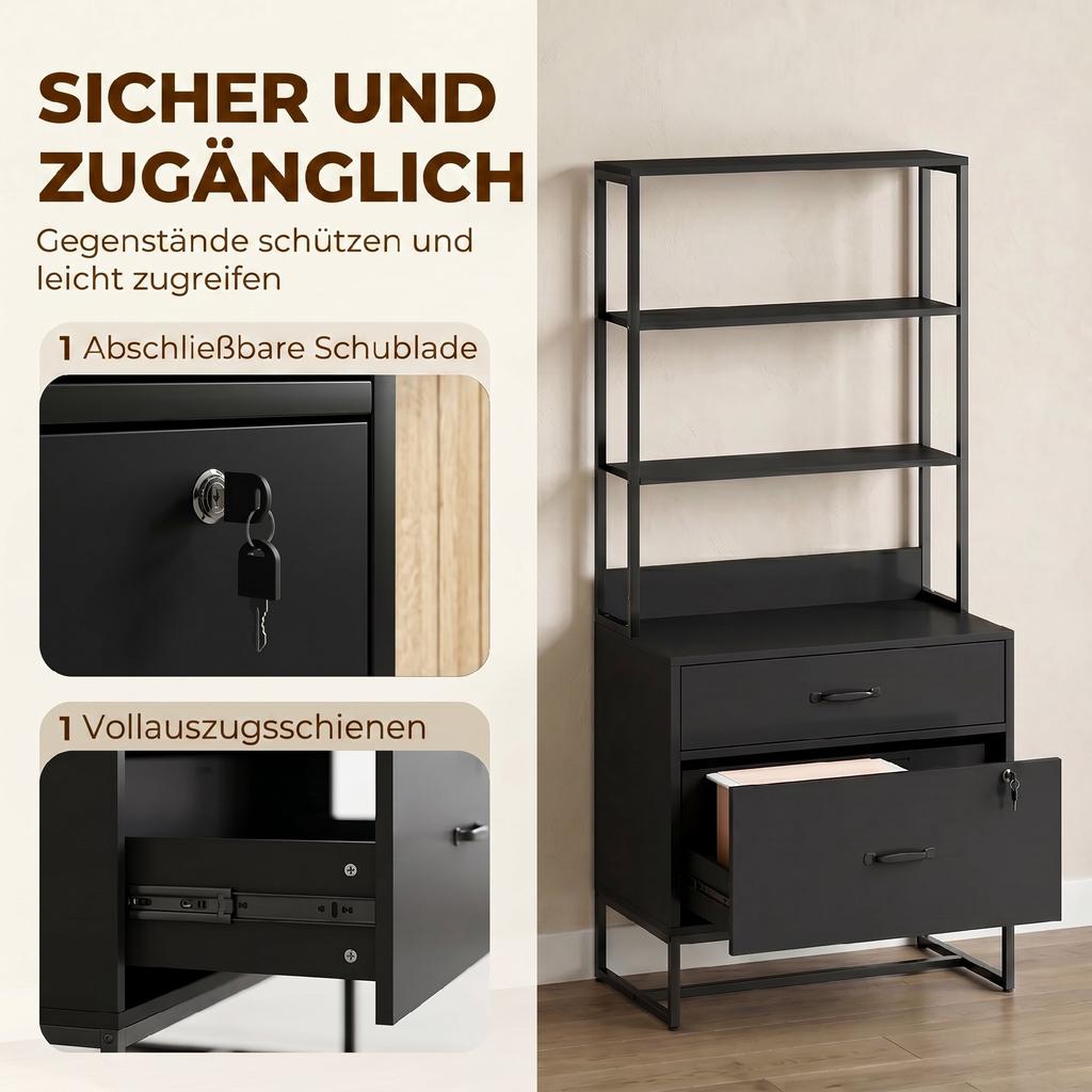Filing Cabinet with Drawers, Lockable Storage Cabinet with Bookshelf for A4, Letter and Legal Formats, Black