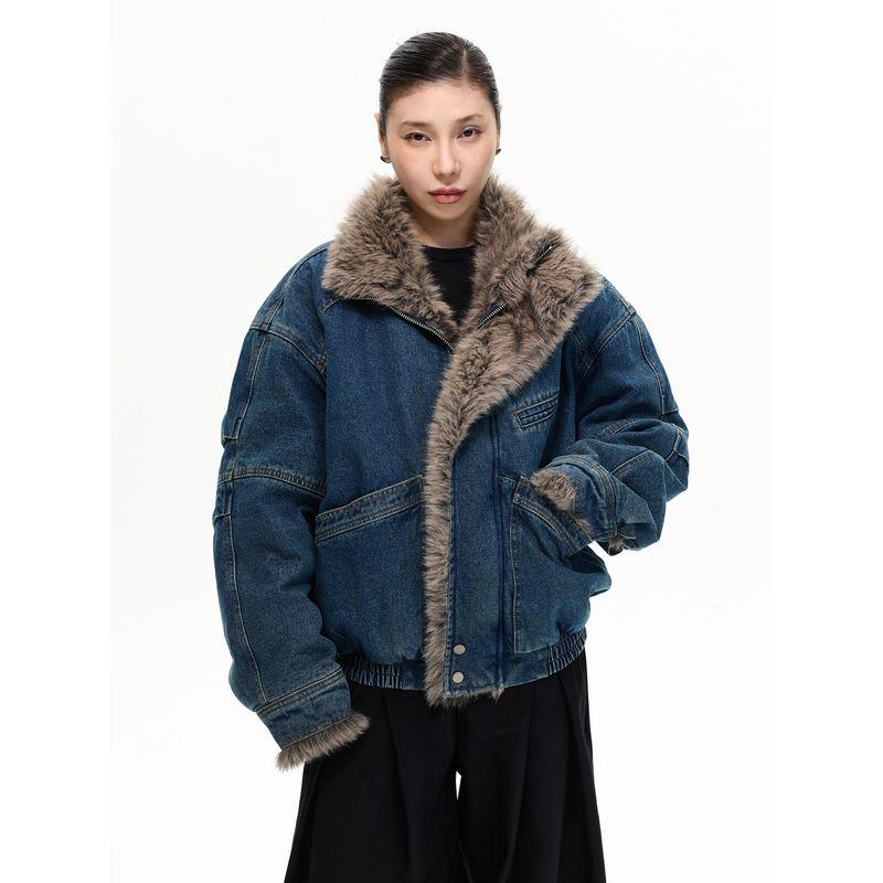 Kisko Winter American-Style Deconstructed Denim Jacket Cotton Coat Unisex Trendy Brand Warm Oversized Stand Collar Jacket