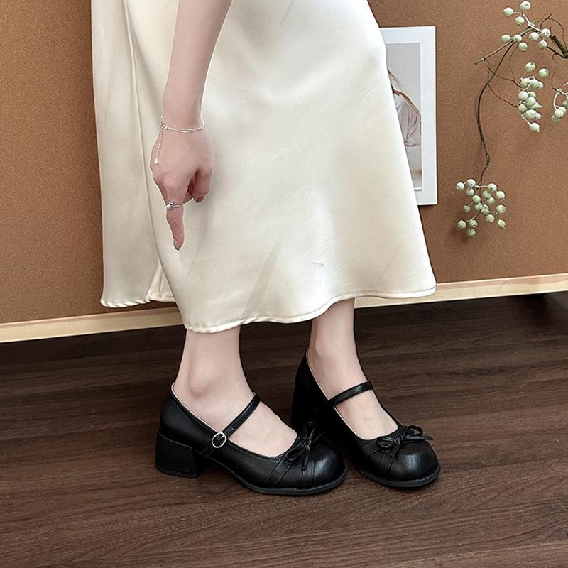 Retro one-word buckle bow Mary Jane shoes women's summer new fashion versatile single shoes small leather shoes