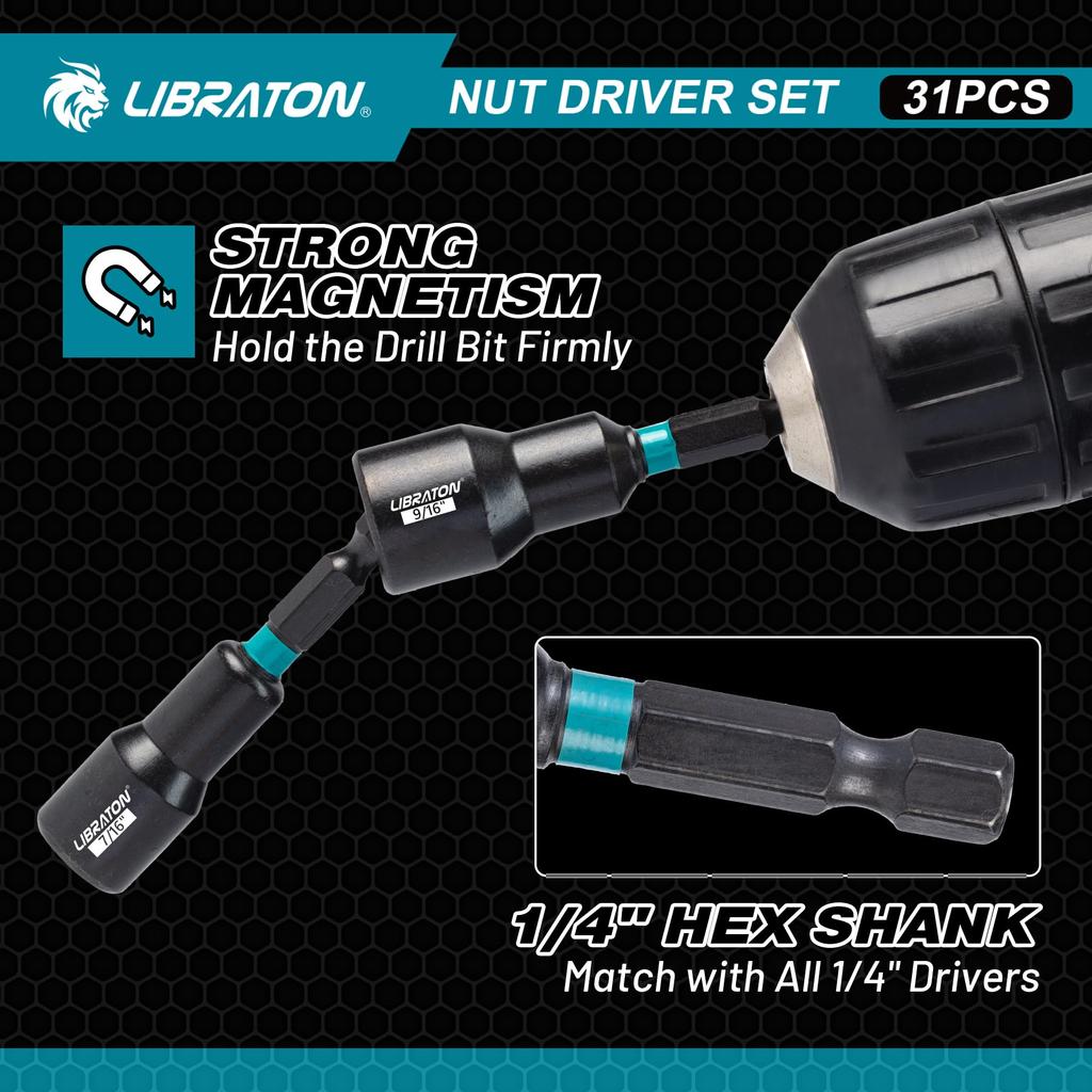 LIBRATON Zestaw bitów nasadowych 31 sztuk Nasadka udarowa Nasadka do wkrętarki udarowej Zestaw nasadek Nasadka z bitem sześciokątnym Długa nasadka Trzpień sześciokątny 6,35 mm