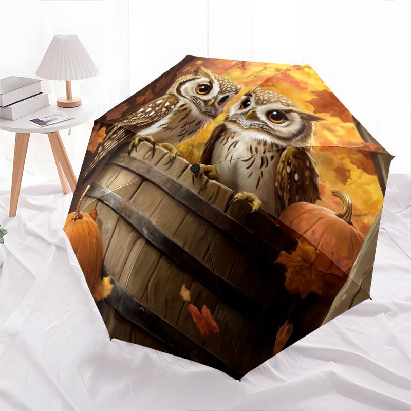 Owl and Leaf pattern, automatic folding umbrella, portable and foldable design, 8 ribs, a Christmas or birthday gift.