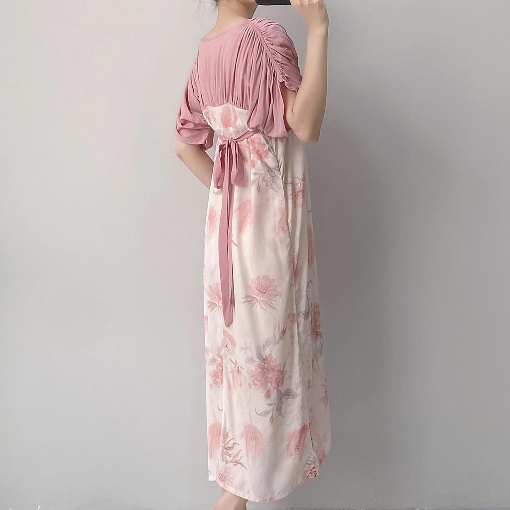 Short-sleeved cotton silk nightgown women's summer square collar improved Hanfu national style cotton silk skirt loungewear can be worn outside