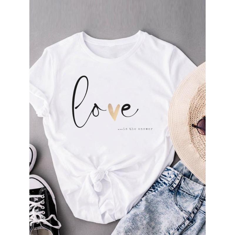 (European Size) Sweet Love Heart Women Tee Top Style Trend Cute Clothing Casual Short Sleeve Fashion Print Lady Tshirt Female Graphic T-shirts