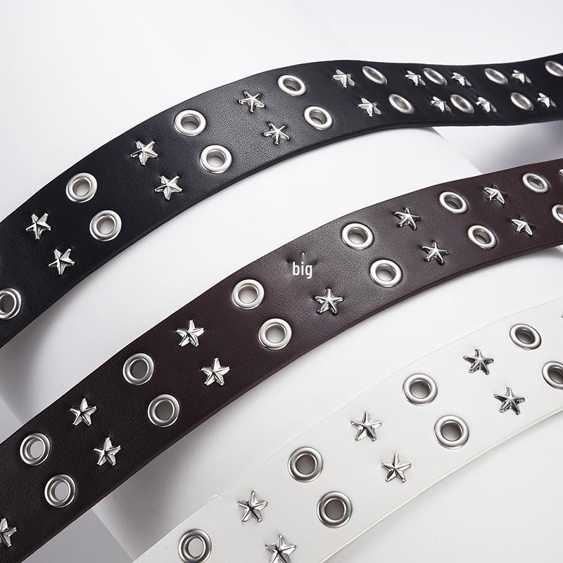 Men's Punk Leather Belt with Double Row Pin Buckle and Eyelets - Star Design