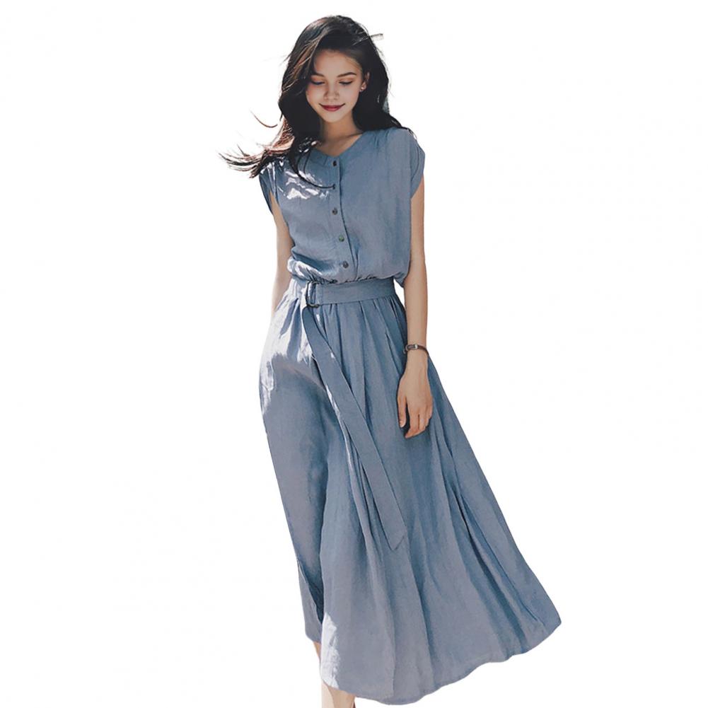 Women Solid Color Long Dress Elegant Summer Midi Dress with Belted Slim Waist A-line Silhouette Pleated Details for Women Round