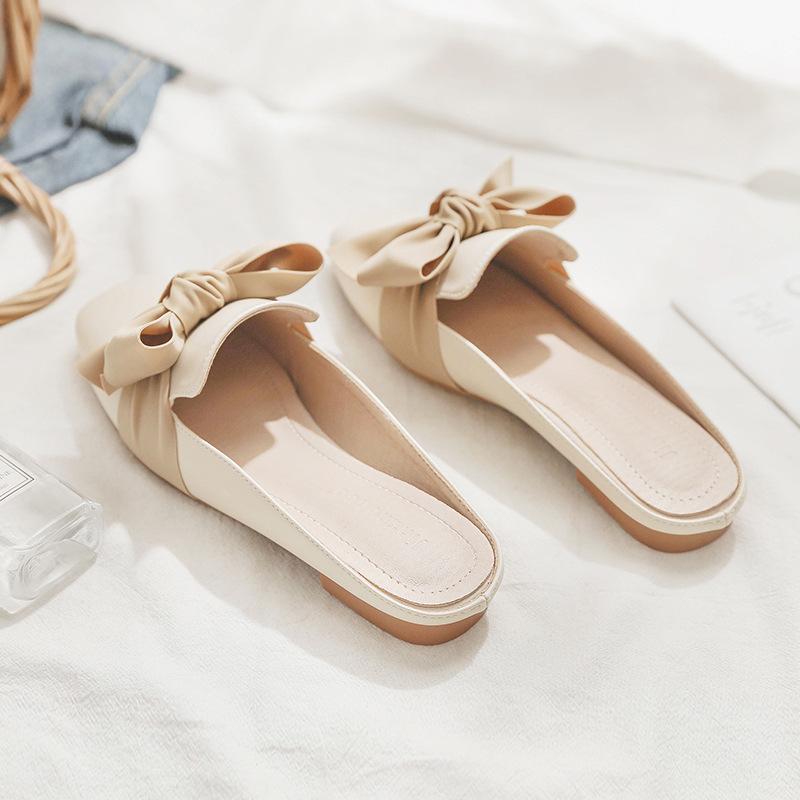 Spring and Summer New Bag Head Large Size Slippers Bag Head Half Slippers Flat Bottom Fashion Versatile Bow Single Shoes Women