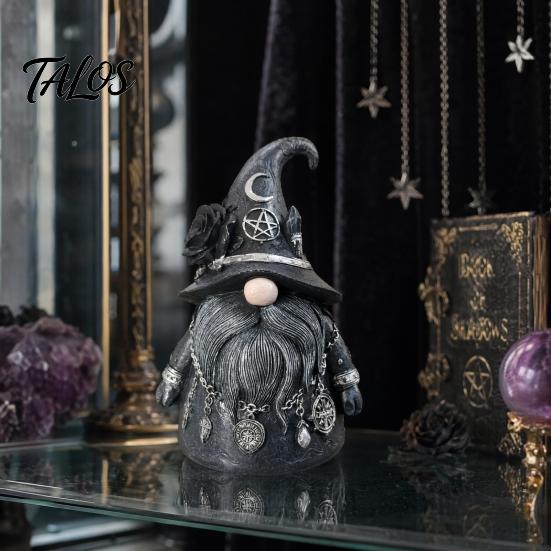 Witch-themed Display Wizard Hat Faceless Gnome Figurine, Mystical Home Decor Statue with Crescent Pentagram Black Rose Study Desk Ornament Rune