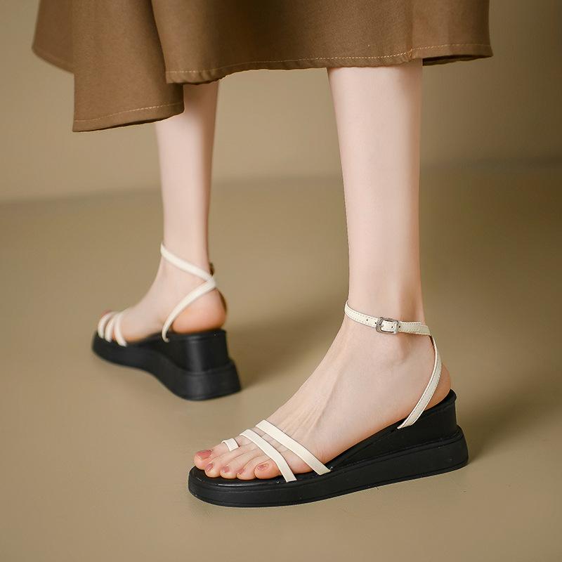Women's Sandals Summer 2024 Wedges Thick Sole Clip Toe Sandalias Femininas Beige Ankle Strap Buckle Casual Heeled Sandales Shoes