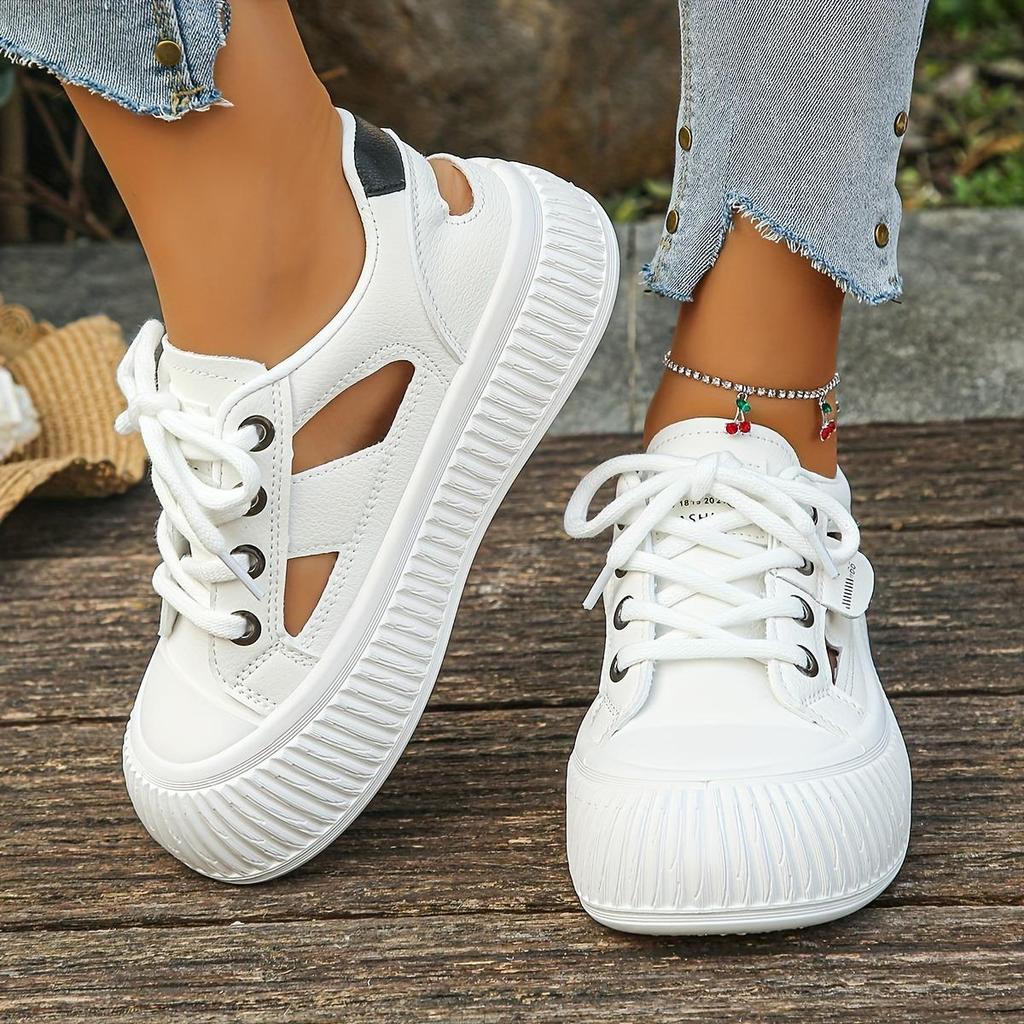 Women's Trendy White Lace-up Shoes with Thick Sole and Hollow Out Design