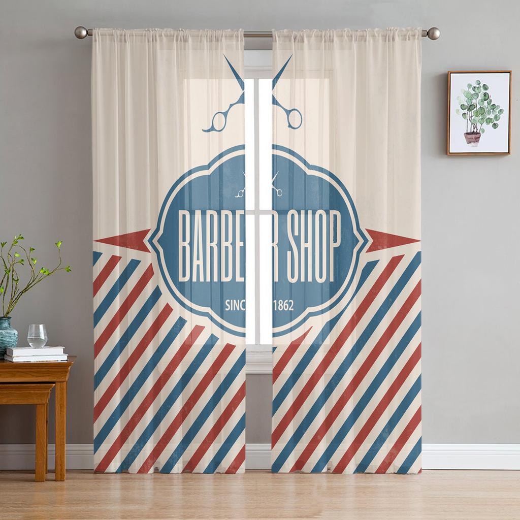 Barber Shop Retro Poster Design Template Tulle Sheer Curtains for Living Room Bedroom Kitchen Decoration Voile Organza Curtains