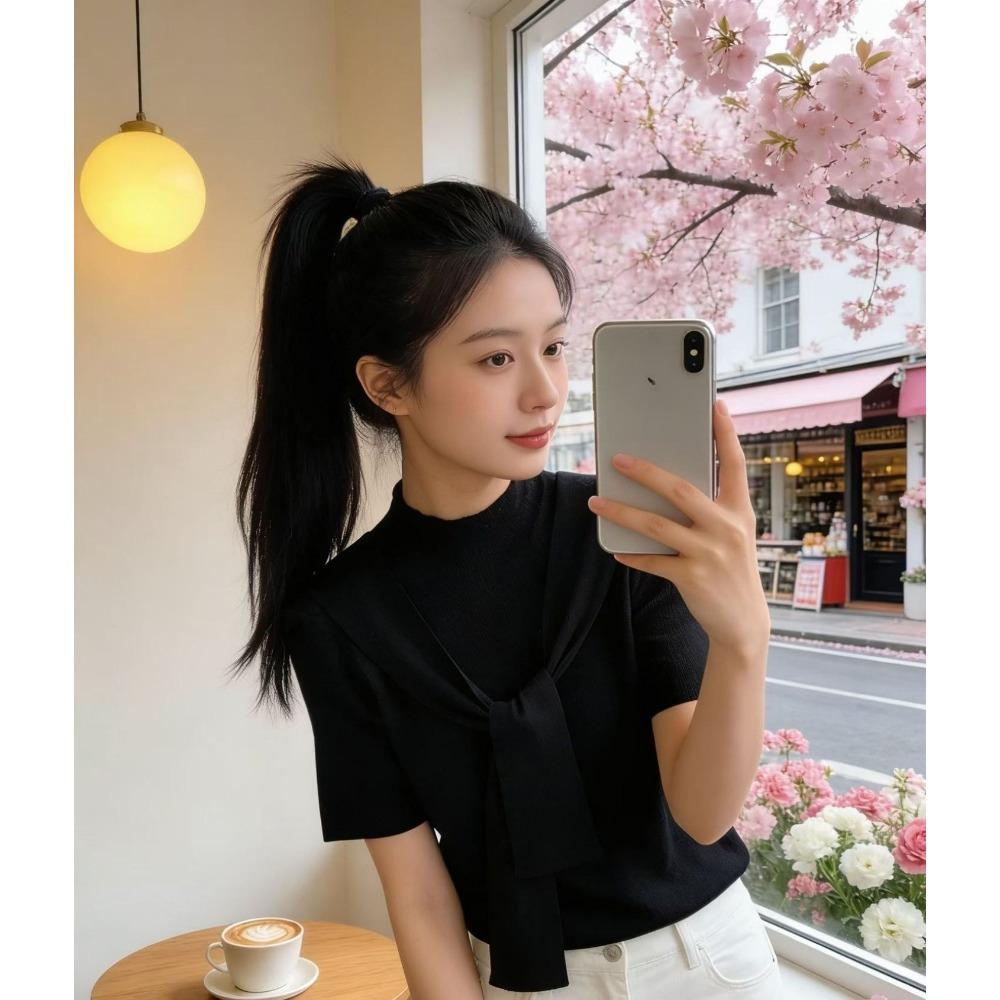 Half-collared Shawl-style Double Short-sleeved T-shirt for Women In Early Spring. New Style, Slim-fitting, Suitable for All Occasions.