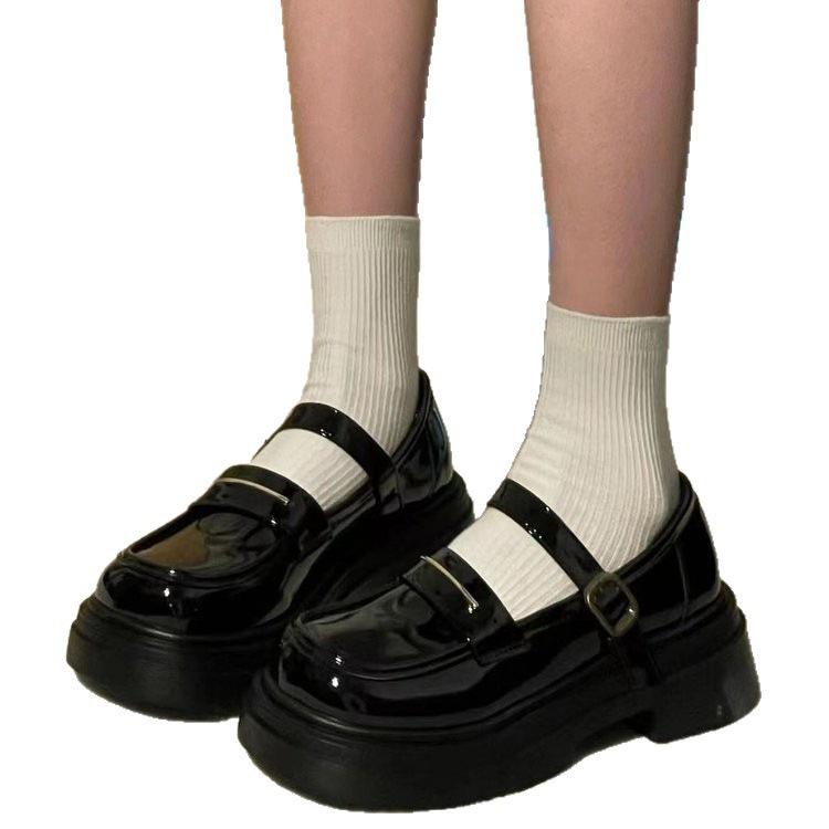 Thick-soled Black Patent Leather Mary Jane Small Leather Shoes Autumn Retro College Style Single Shoes with Skirt